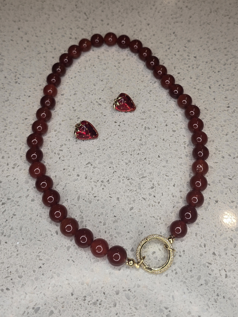 Natural Stone Red Beaded Necklace & Crystal Heart Earrings